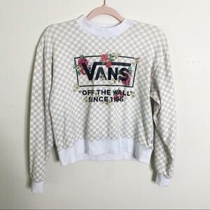 Vans beige white checkered floral logo long sleeve crew neck sweater size xs